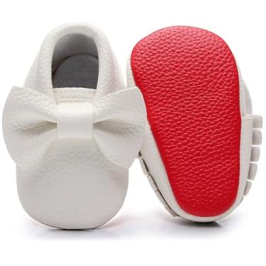 Imagem de Bebila Mocassins de bebê com franjas de laço duplo - Sapatos de bebê com sola macia para meninas e crianças pequenas, Branco, 6-12 Months Toddler