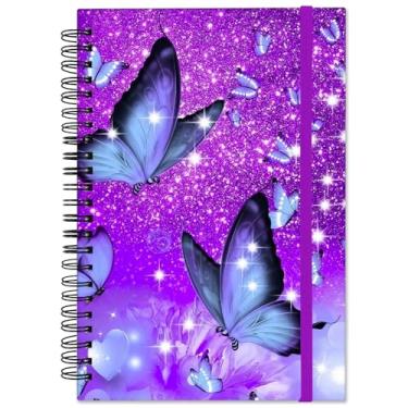 Imagem de Deokke Caderno espiral, diário de capa dura, pautado largo, caderno espiral, A5 14 x 21 cm, papel grosso de 80 g/m², 60 folhas 120 páginas, para meninas, mulheres, escola, escritório, estética, fofa, borboleta roxa