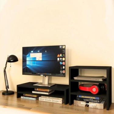 Imagem de Kit suporte de monitor duplo + escaninho organizador Preto - Móveis No