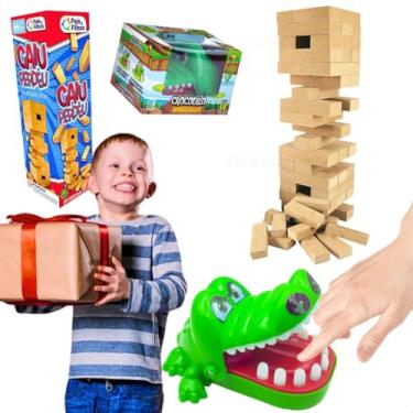 Imagem de Kit Brinquedos educativos Crocodilo Morde Dedo pedagogicos infantis jogos Infantil Caiu Perdeu Torre de Blocos Madeira MDF Presente Menino 5 anos Menina Dia das crianças aniversario
