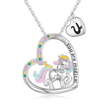 Imagem de Colar de unicórnios presentes para meninas, ouro 14 quilates, ouro branco, banhado a ouro rosa, colar de coração de zircônia cúbica colorido, colar de unicórnio para meninas, joias de unicórnio para meninas, presentes de aniversário de Natal, Latão, Zircônia cúbica