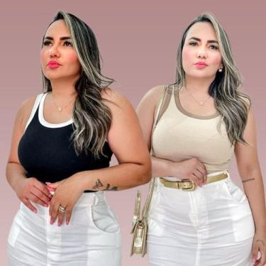 Imagem de Kit 2 Regata Ribana Blusa Feminina Básica Canelada Bicolor Algodão - B