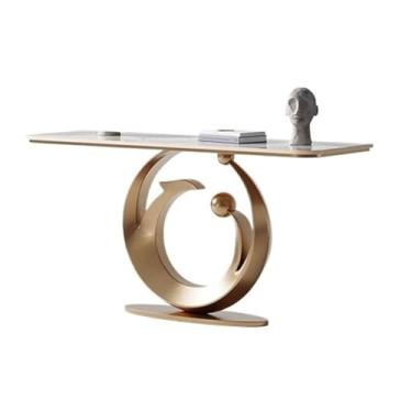 Imagem de LICONG-2020 Mesa de entrada moderna com tampo de mármore falso e base de metal, com luz de indução - mesa de console para armários de entrada de espaços estreitos (ouro, grande)