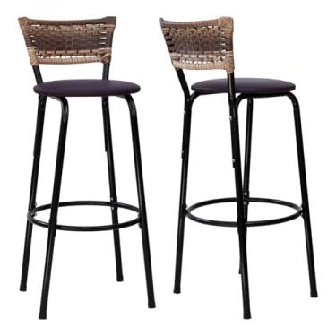 Imagem de Kit 02 Banqueta Altas Junco Cappuccino Estrutura Preta Assento Marrom Escuro 70cm Para Balcão Cozinha, Bar, Bistrô, Americano - Itagold