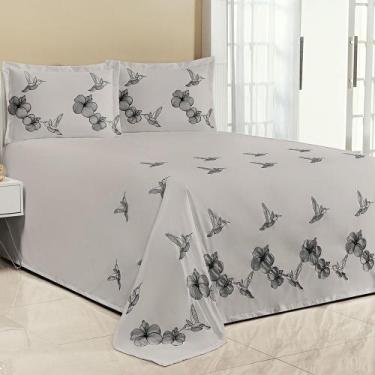 Imagem de Kit Cobre Leito Super King Beija Flor 3 Peças Bordado Micropercal Cinz