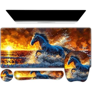 Imagem de Tapete de mouse grande, conjunto de descanso de pulso de teclado, mouse pad ergonômico com suporte de pulso, tapete de mesa com bordas costuradas + porta-copos, tapete de mesa estendido à prova d'água