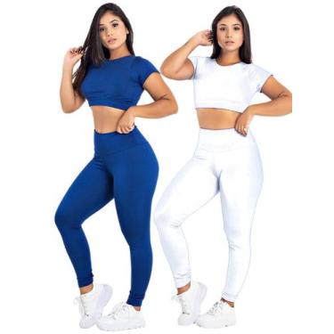 Imagem de Kit 2 Conjunto Feminino Fitness Top Manga + Calça Legging Basica  MAG8