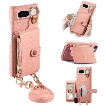 Imagem de Capa de telefone carteira transversal removível durável para Google Pixel 8A, bolsa com zíper, suporte de anel, espelho integrado, compartimento para cartão, suporte multiângulo em elegante capa de