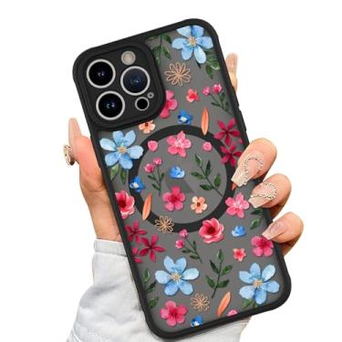 Imagem de AIGOMARA Capa magnética para iPhone 12 Pro [compatível com MagSafe] linda flor rosa azul padrão floral TPU macio amortecedor rígido PC traseiro antiqueda à prova de choque capa fina para mulheres