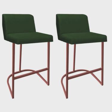 Imagem de Kit 02 Banquetas Com Encosto Noah Luxo Confort Bistrô Cozinha Ferro Bronze Suede Verde - Ahazzo Móveis
