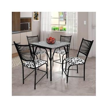 Imagem de Conjunto Famais Noruega Mesa de Jantar Quadrada com Tampo em Granito + 4 Cadeiras em Aço Carbono com Assento Estofado - 90x70cm