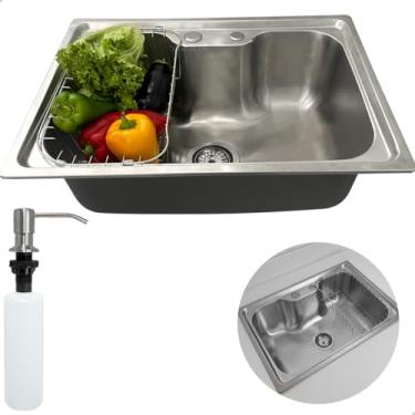 Imagem de Dona D Cor, Cuba Inox Escovado 60x42 Para Pia Cozinha Gourmet Com Cesto Escorredor E Porta Detergente Dispenser 350ml Embutir ou Sobrepor Bancada Granito Marmore