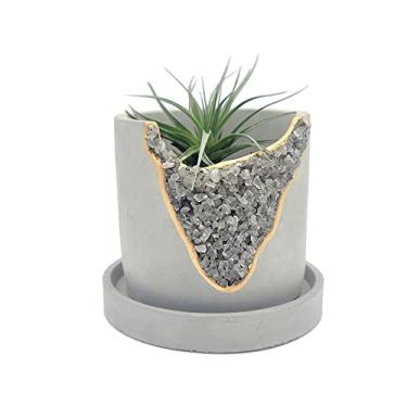 Imagem de Vaso de planta de cristal de 10 cm com pires - Vaso de geodo de cimento - Vasos de concreto para plantas - Vaso de suculentas moderno para ambientes internos - Suporte de planta aérea exclusivo - Suporte de vela - Decoração de casa de plantas pequenas (quartzo esfumaçado)