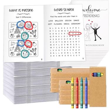 Imagem de Fullhawl Conjunto de 40 atividades de casamento para crianças, inclui 20 livros de colorir de casamento, 20 giz de cera, presentes de casamento, atividades de mesa para crianças, jogos, lembrancinhas