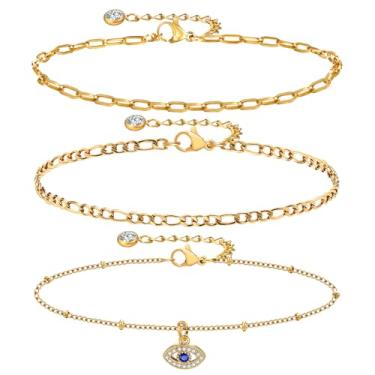 Imagem de Tornozeleiras de ouro impermeáveis para mulheres - pulseiras de tornozelo banhadas a ouro 14k, corrente de pé de surfista de praia de verão multicamadas conjunto de tornozeleiras, joias modernas em
