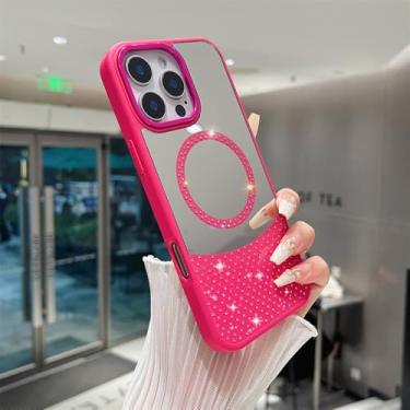 Imagem de Glitter Diamond Make Up Mirror Magnetic Phone Case para iPhone 15 14 11 12 13 16 Pro Max Plus Capa de carregamento sem fio, rosa vermelha, para iPhone 14