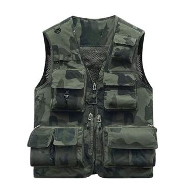 Imagem de Colete De Pesca Masculino Plus Size Camuflado De Malha Fina Sem Mangas Com Vários Bolsos, Casaco Impermeável E À Prova Vento, Para Fotografia, Caça, Caminhadas, Ciclismo, Pesca, Tiro(Dark green,4X-Lar