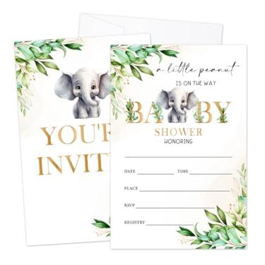 Imagem de LWBEO Convites de chá de bebê Greenery com envelopes para meninas e meninos, conjunto de 25 convites de preenchimento frente e verso de elefante para anúncio de bebê, lembrancinha de festa e