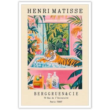 Imagem de KOEUIRW Arte de parede em tela vintage Henri Matisse tigre na banheira, pôster engraçado de tigre fofo animal impressão rosa verde dopamina praia decoração de parede tropical botânico imagem floral 20
