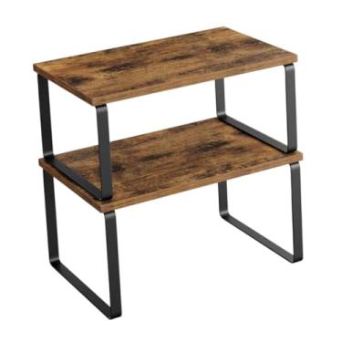 Imagem de IEUDNS Prateleiras de organizadoras de gabinete 2x, pratos expansíveis de armazenamento, balcão de cozinha, prateleiras de especiarias para sala de estar no, Marrom Preto