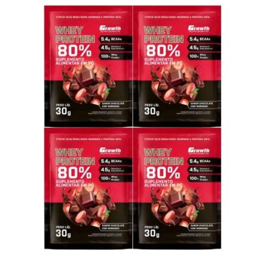 Imagem de Kit com 4 Saches Whey Protein 80% 30g Growth Chocolate Com Morango