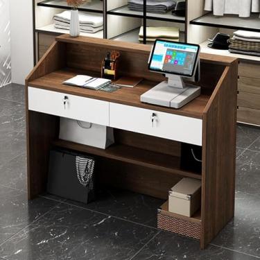 Imagem de Balcão da recepção balcão de recepção da recepção com gaveta de trava e prateleiras abertas balcão de varejo para lojas de lojas de salão de lobby, nogueira, 100 cm