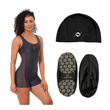 Imagem de Kit Macaquinho Hidroginástica Touca Tecido E Sapatilha Antiderrapante (Touca Preto - Sapatilha Preto G, GG)