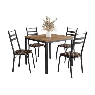 Imagem de Conjunto de Mesa Quadrada com Tampo de MDP Amadeirado e 4 Cadeiras Adriana Revestimento Sintético Palha e Preto
