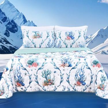 Imagem de Uspring Conjunto de cama king com enchimento de fibra de soja refrescante costeira, edredom legal para quem dorme quente, leve, respirável, macio, conjunto de colchas de praia de verão (azul, 264 x