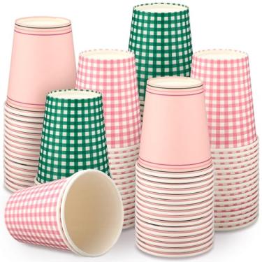 Imagem de Yungyan 48 peças de copos de papel guingão 255 g descartáveis xadrez xadrez suprimentos de festa de despedida de solteira rosa e verde suprimentos de festa guingão para bebida piquenique glamping
