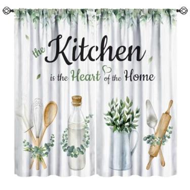 Imagem de JanJCurt Cortinas rústicas de cozinha de eucalipto, plantas de folha de cozinha em aquarela, casa de fazenda, botânica, tábua de madeira, tratamentos de janela para café, sala de estar, 107 x 160 cm