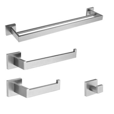 Imagem de Ferragens para banheiro em aço inoxidável SUS304 - Toalheiro de aço escovado com gancho para papel | Conjunto de 3 peças, kit com 4 peças, 500 mm, 2 barras