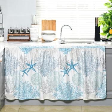 Imagem de VitalCozy Cortinas de armário 71 cm L x 129 cm C saia de pia para banheiro cozinha azul oceano coral cortinas de armário para casa de fazenda cortina rústica sob a mesa cortina de privacidade para