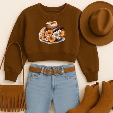 Imagem de Cropped Moletom Country Estampa Chapéu Florido Modinha Estilosa Gringa