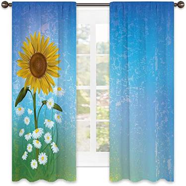Imagem de Cortina de sombreamento de girassol, ilustração floral com girassol e camomilas, arte pastel de verão, cortinas blackout com absorção de som para decoração de sala de jantar/festa, L 182 x C 182 cm