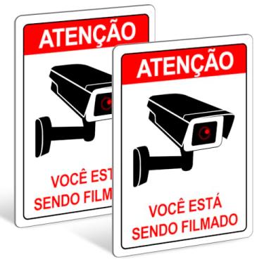 Imagem de Kit 2 Placas de Sinalização 'Você Está Sendo Filmado', 20x15 cm, PS Poliestireno, com Fita Dupla Face