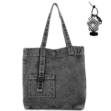 Imagem de Micmores Bolsa jeans feminina vintage, bolsa de ombro moderna, bolsa jeans para trabalho, viagem, compras, Preto, Large, Sacola jeans moderna