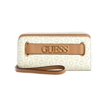 Imagem de GUESS Bolsa clutch feminina com logotipo e zíper, Branco multi, One Size
