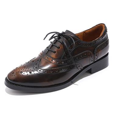 Imagem de Mona flying Sapato feminino de couro perfurado com cadarço Oxfords Brogue Wingtip para mulheres, Amarelo, preto, 36