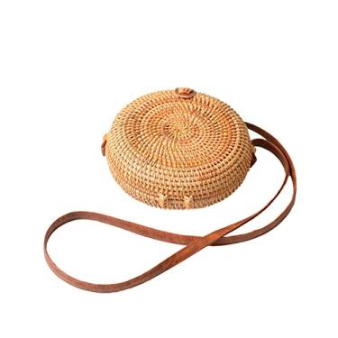 Imagem de SHAREYOIU Bolsa de vime redonda tecida à mão, ombro natural, chique, estilo praia tropical, tecida com alça de couro, Redondo., 7 x 3.2 inches