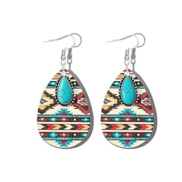 Imagem de Brincos femininos com pingente turquesa nativa americana boêmia, pedra natural, lágrima, gancho de madeira, brincos vintage asteca ocidental, joias de férias, Large, Metal, Sem pedra preciosa
