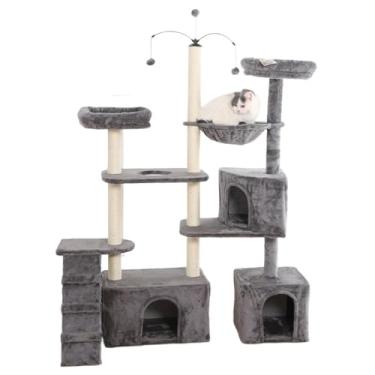 Imagem de Arranhador, torre de gato grande, ajustável, multifuncional, casas, camas, cesto, poleiros, brinquedo giratório(Cinza)