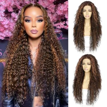 Imagem de SAPPHIREWIGS Perucas De Renda Frontal Cacheadas Para Mulheres Negras, Pré-Depiladas, Sintéticas, Sem Cola, Transparentes, Onduladas, Com Mechas, Cabelo Castanho Caramelo, Uso Diário Festas, 26"