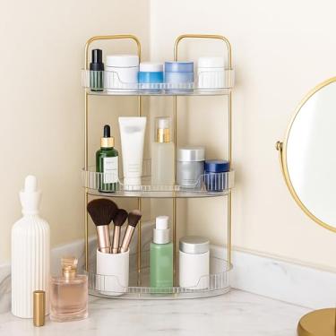 Imagem de ShellKingdom Prateleira de canto, prateleiras organizadoras de mesa de 3 camadas para banheiro, escritório, sala de estar, prateleira de armazenamento de bancada para maquiagem, cuidados com a pele