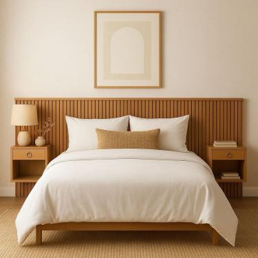 Imagem de Cabeceira Ripada para Cama Casal ou Queen Com 02 Mesas de Cabeceiras Cinamomo