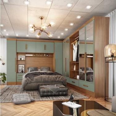 Imagem de Guarda-Roupa Modulado 6 Peças 6 Portas com Maleiro e Espelhos Smart Plus Espresso Móveis Cinamomo / Verde