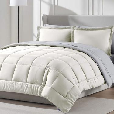 Imagem de Nestl Conjunto de edredom queen de 9 peças – cama reversível off-white em uma bolsa – Conjunto completo de cama queen size com lençóis, travesseiros alternativos de plumas, fronhas e fronhas