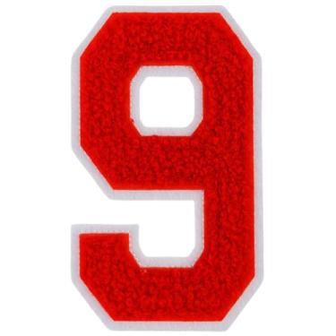 Imagem de 1 peça de patch de número de chenille vermelho de 10 cm, remendos de ferro para chapéus, roupas, bolsas, mochilas, jeans, par com remendos iniciais, letra grande universitária. (Vermelho 9)