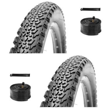 Imagem de WHEELO Conjunto de pneus de bicicleta de montanha: pacote com 2 pneus de bicicleta dobráveis de substituição de 73 x 5 cm e tubos internos de válvula Schrader de par de polegadas com alavancas de pneu