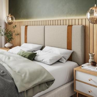 Imagem de Cabeceira Dobrável Estofada em Linho, 138 cm, Casal, Bege, Montagem na Parede